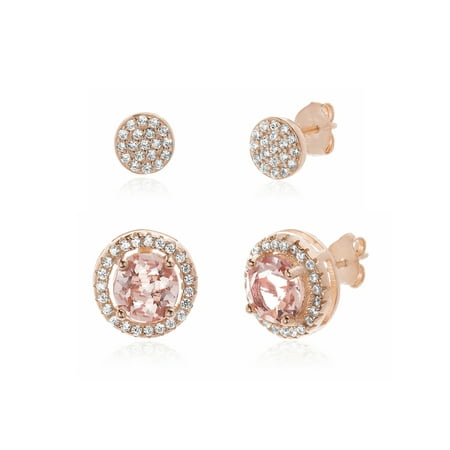 Rose Gold Pave Simulated Morganite & Cubic Zirconia Pave Duo Stud Earring Set in Rose Gold over Sterling Silver ()