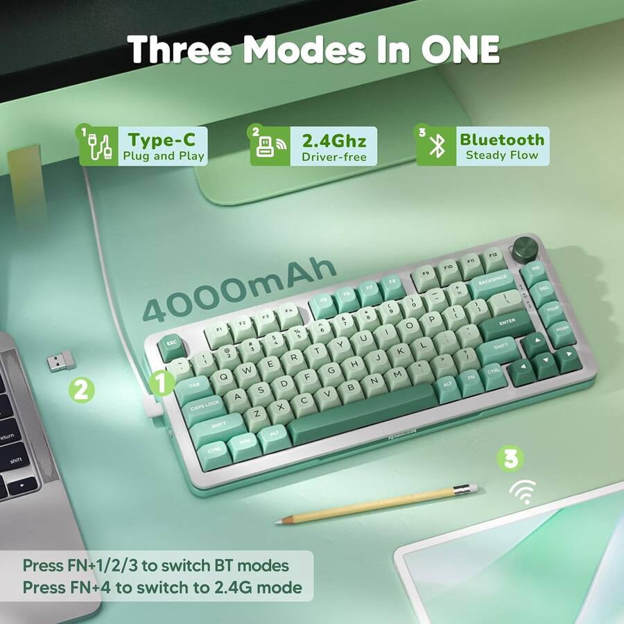 Wireless Mechanical Gaming Keyboard ，Gaming Keyboard in 75% Layout with Gasket Mounted, RGB Magnetic Switch Keyboard with Bluetooth 5.0/2.4Ghz/USB Wired， 81 Keys - Green