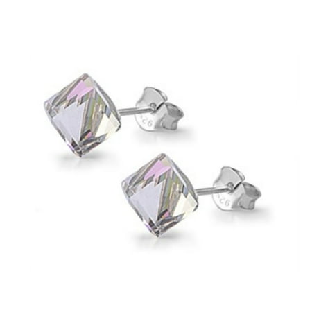 Cube Sterling Silver Earrings - 925 Sterling Silver Earrings With AB Color Cube Swarovski Crystal 4 x 4MM