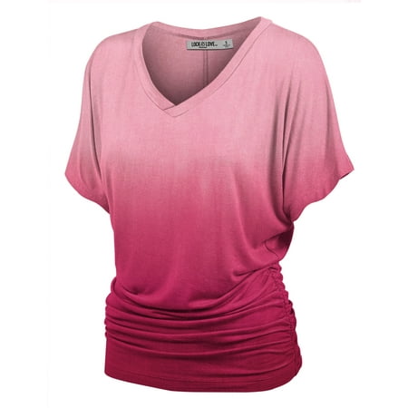 Dolman Sleeve Hooded Top - WT1115 Womens V Neck Short Sleeve Dip Dye Dolman Top with Side Shirring XL FUCHSIA