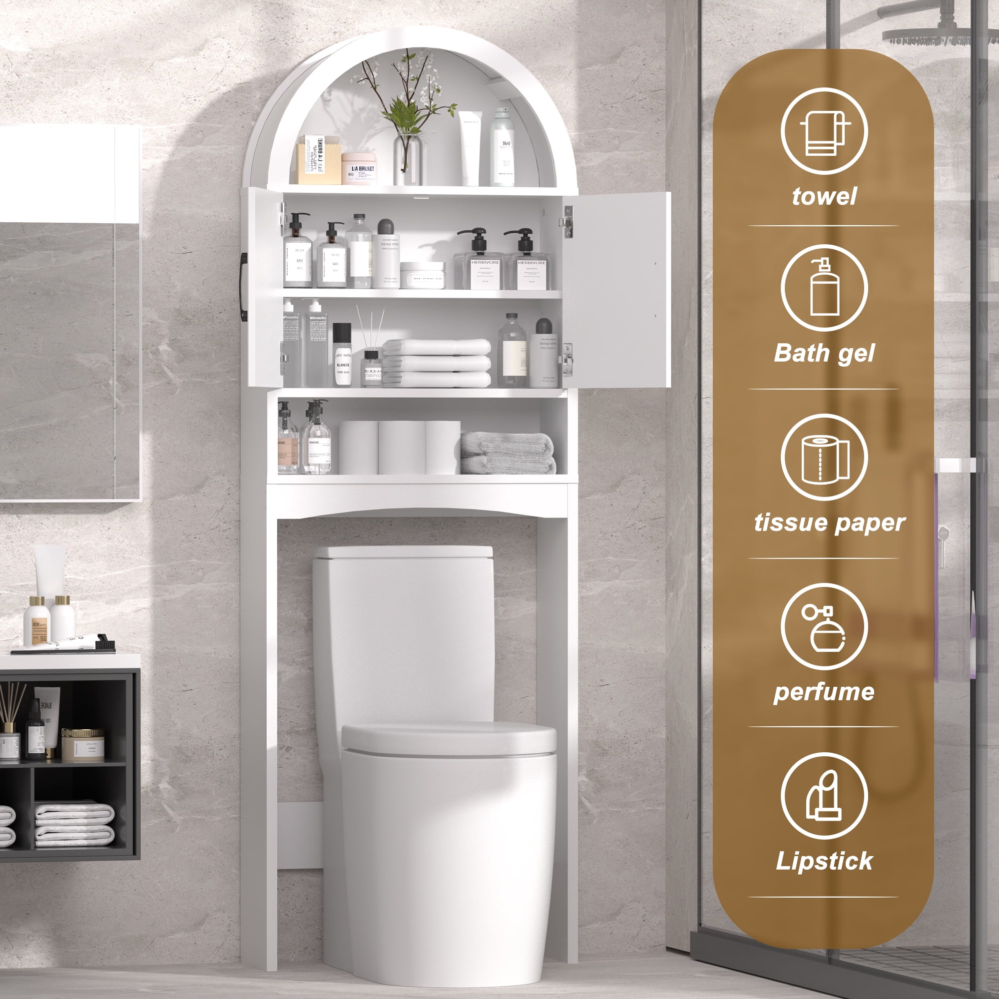HARIPUL Over Toilet Storage Cabinet, Bathroom Space Saver Organizer with Doors and Shelves, Freestanding, Gray