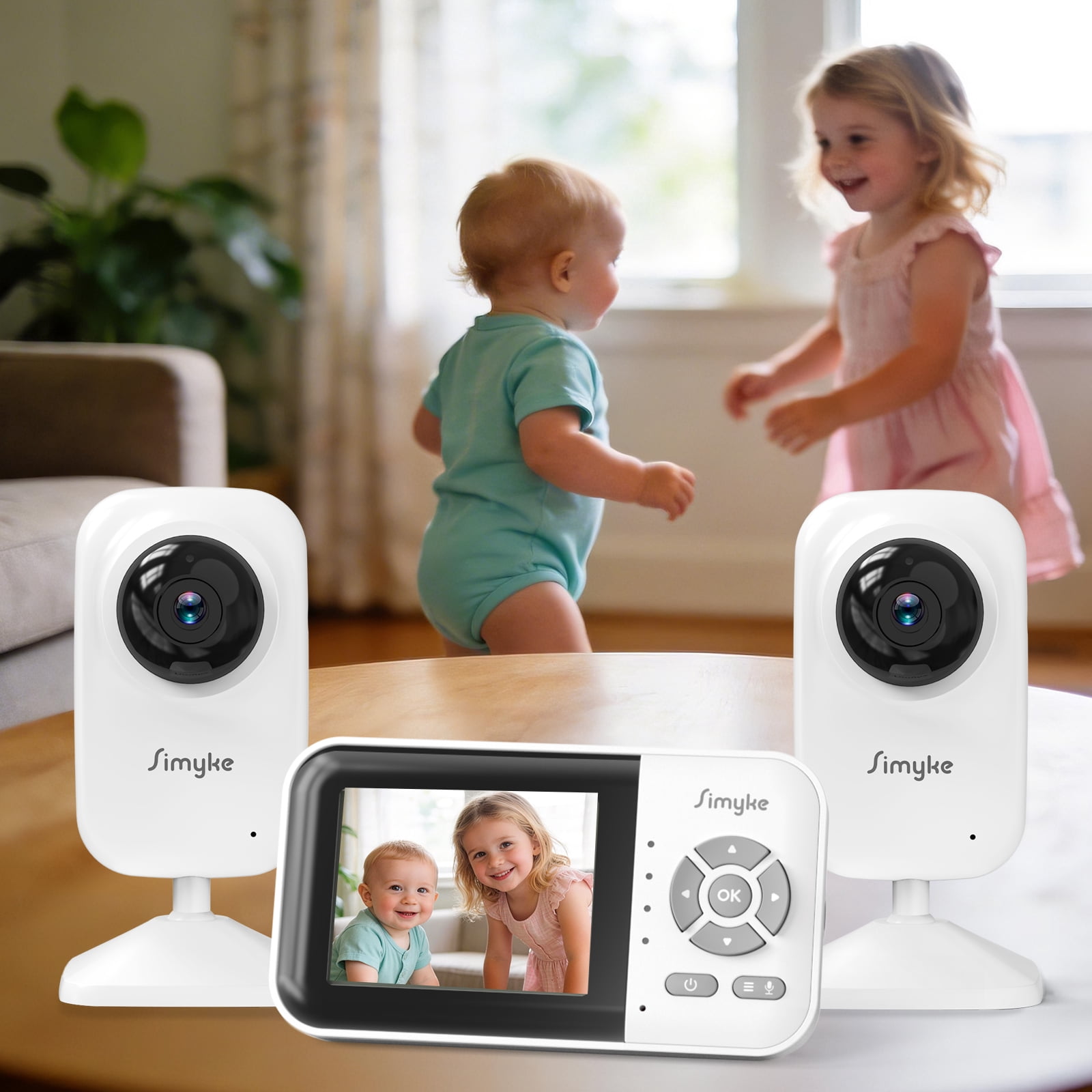 Simyke Dual Camera Video Baby Monitor, 2.8" LCD, Wireless, Night Vision, 2-Way Audio, App Access, 1200ft Range, Feeding Timer, Temperature Sensor, Portable for Home Use