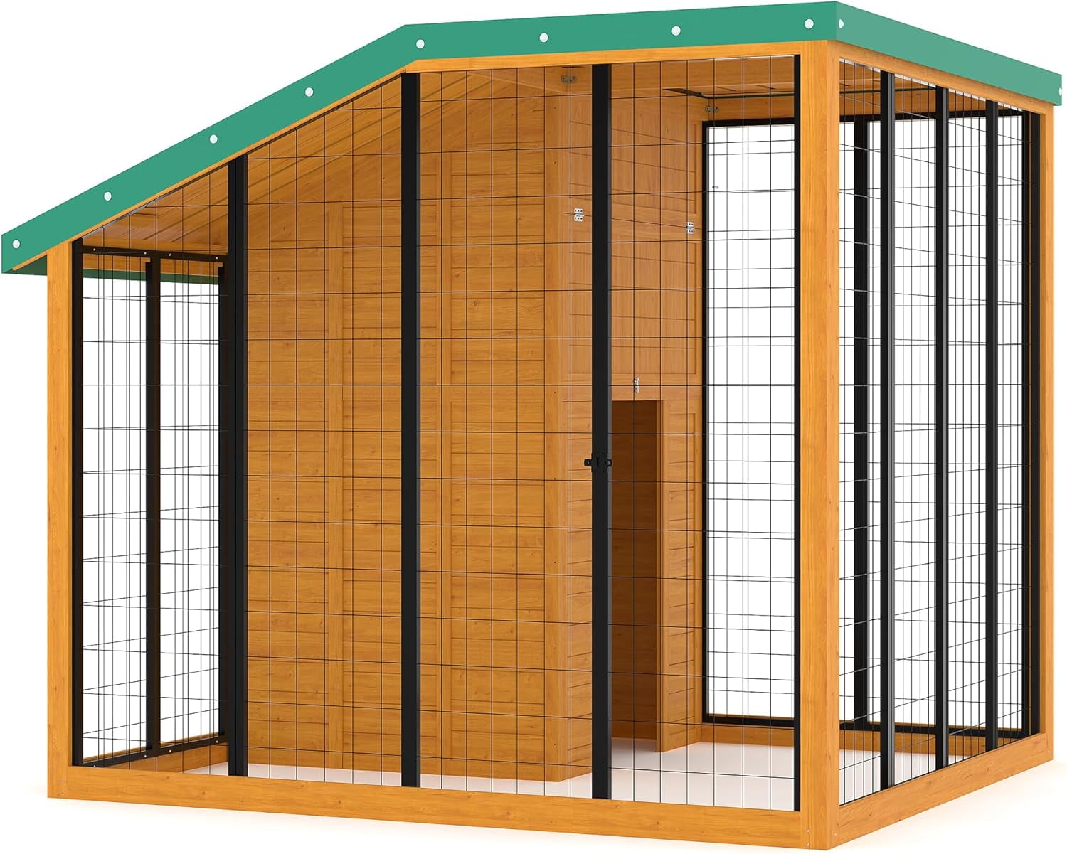 Cedar Wood Large Dog Kennel with PE Roof, Outdoor Dog House with Feeding Door, Locking Gate, Water/Food Tray, Cedar Wood Shelter for Backyard (Wood)