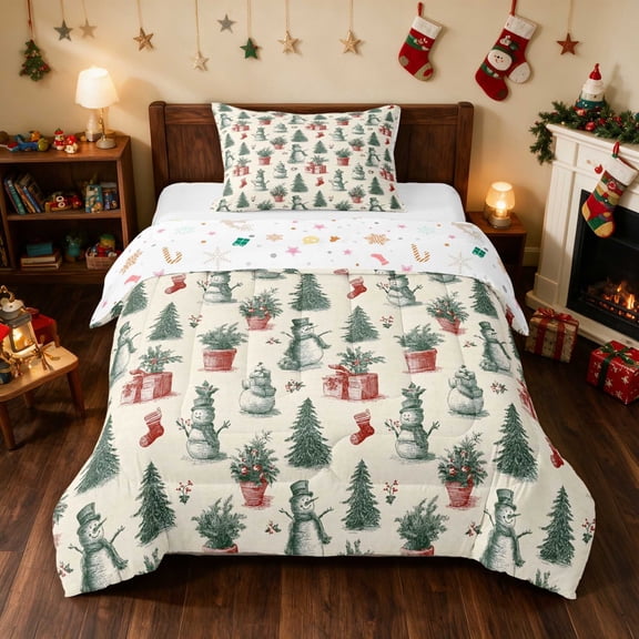 Manfei Christmas Tree Twin Comforter Sets Green Bedding Set, Olive Cream 2-Pieces 1 Comforter and 1 Pillowcase, Xmas Reversible