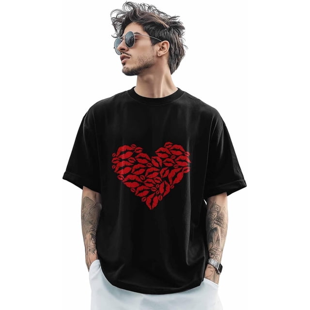 Camisetas para hombre, San Valentín, estampado de labios rojos, cuello redondo, algodón, manga corta, besos románticos, corazón.
