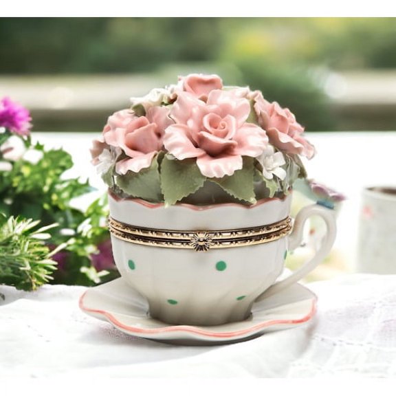 Cup and Saucer Shaped Music Box with Pink Flowers 4.5 Inches Gift