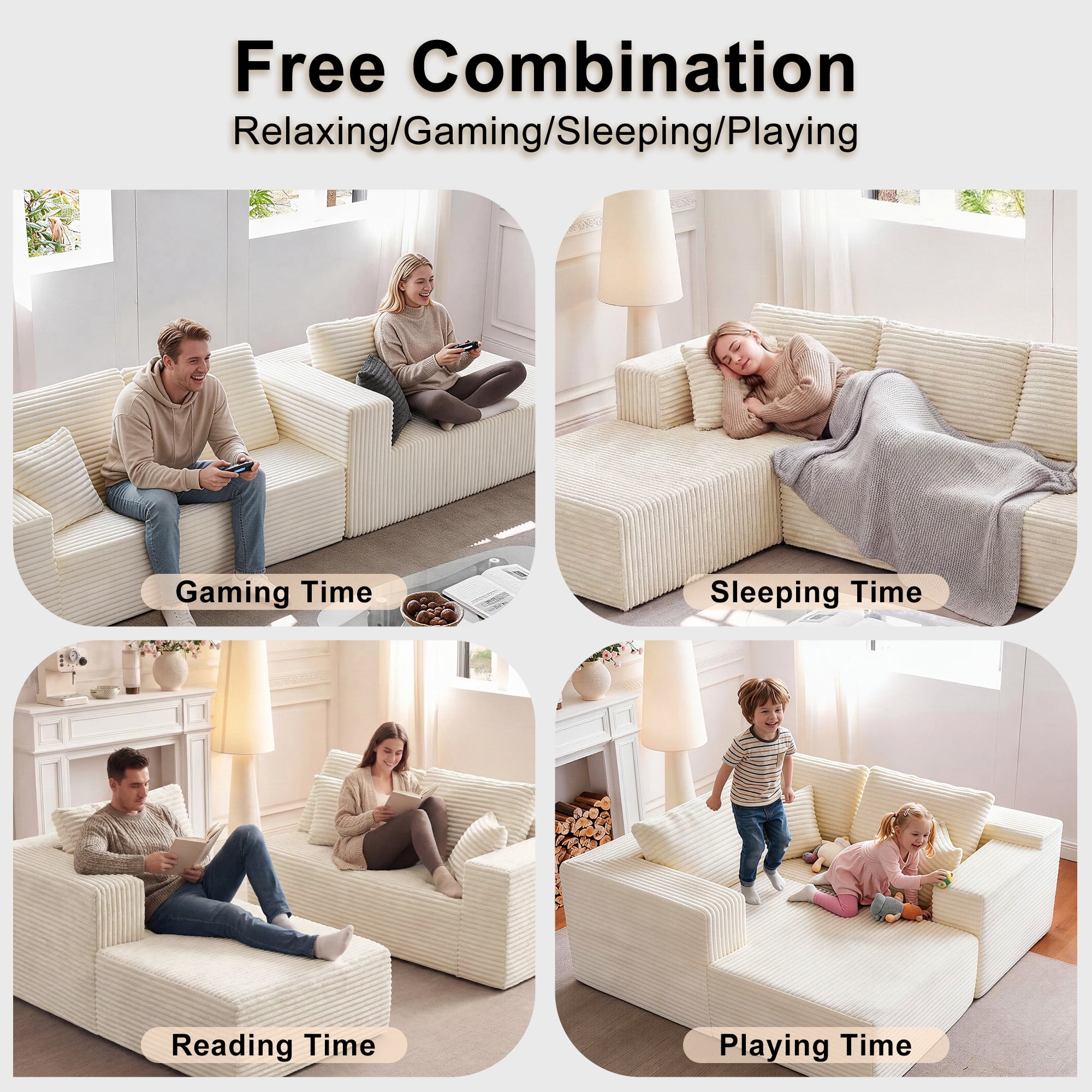 Actoroom 106" Modular Sectional Couch, L-Shape Boneless Cloud Couch, 4 in 1 Convertible Upholstered Sofa for Living Room Small Space, White