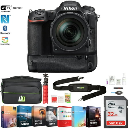 Nikon D500 20.9 MP CMOS DX DSLR Camera (1560) w/ 16-80mm VR Lens Kit w/ 32GB Deluxe Battery Grip Bundle Includes, Accessories, Deco Gear Camera Bag and Photo & Video Professional Editing