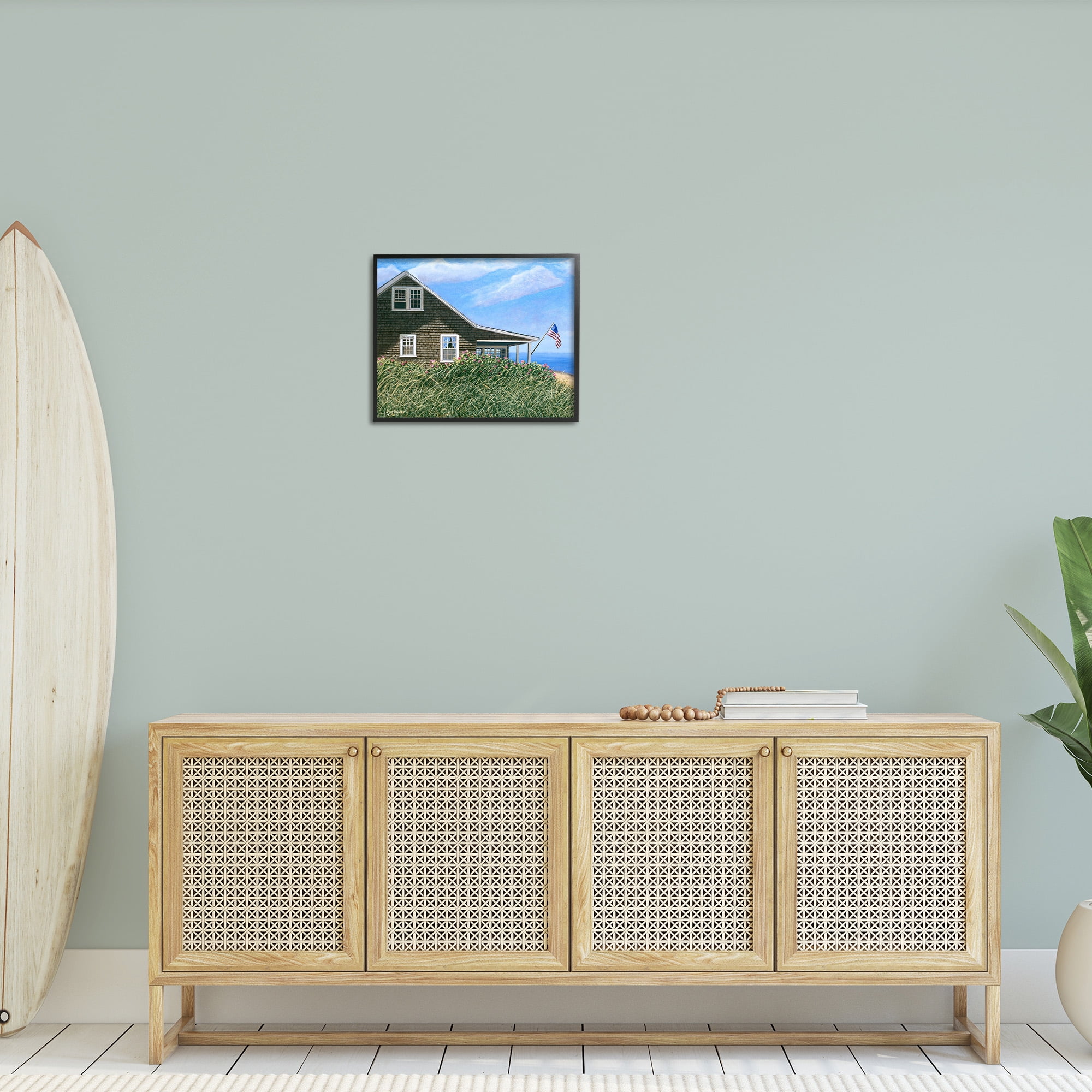 Stupell Industries Cape House with Flag Landscape Painting Black Framed Art Print Wall Art, 20 x 16