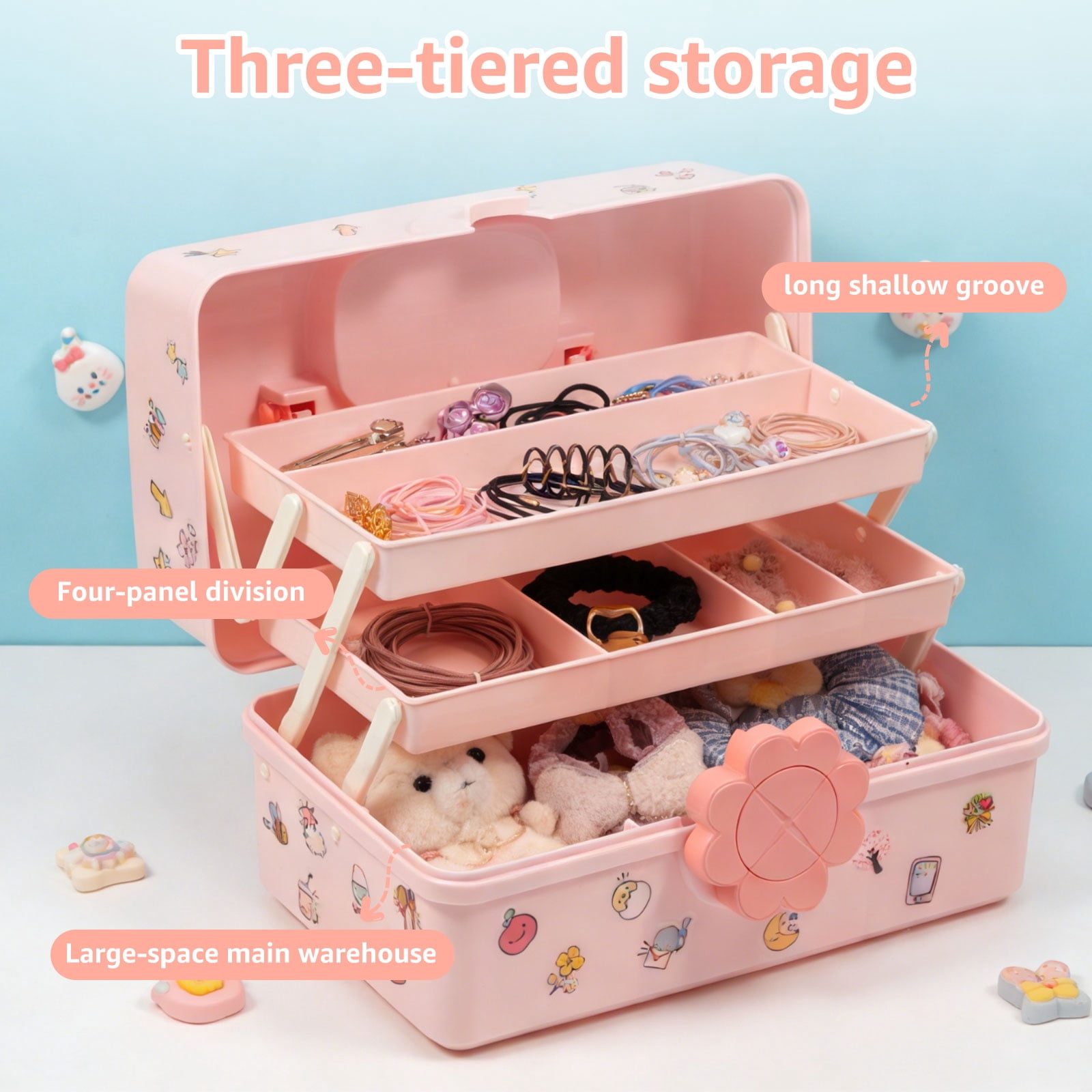 Threns Hair Accessories Organizer for Girls,3-Layers Pink Craft Storage Container with Handle,Lockable Storage Box for Hair Clip,Headband,Scrunchie,Cosmetic,Sewing Kit