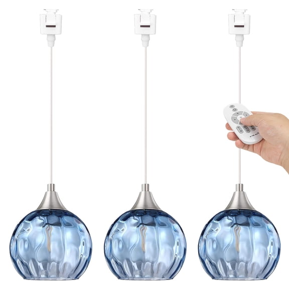 Kiven J-Type track lighting pendants Dimmable,Modern J track pendant lights with Blue Glass Globe,Decorative Track Lighting Fixture for Kitchen Hallway Restaurant Shop(3-Light)