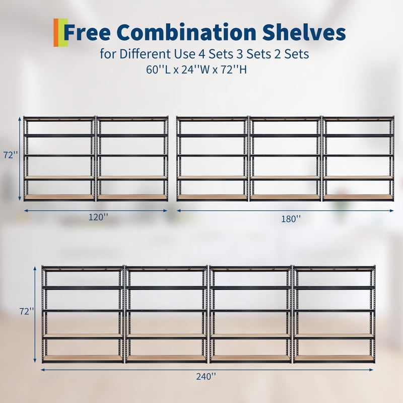 KOKEBREN 60"Wx24"Dx72"H Garage Storage Shelves 5 TierS Heavy Duty Storage Shelving Racks 3000 Lbs Capacity,Metal Adjustable Shelving Unit