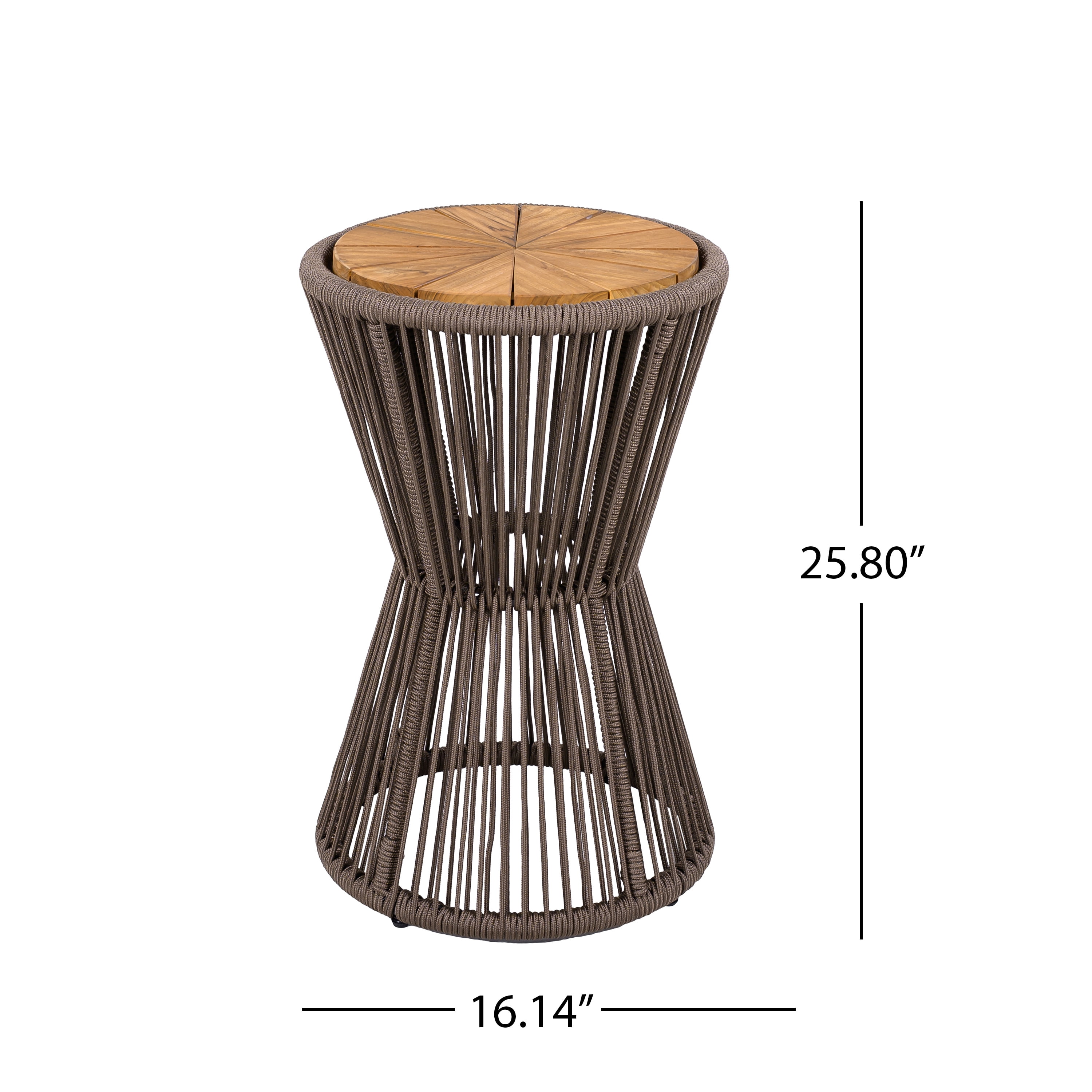 Side Table, Outdoor Dark Grey Rope and Acacia Wood Hourglass Design Table for Patio Deck, Teak