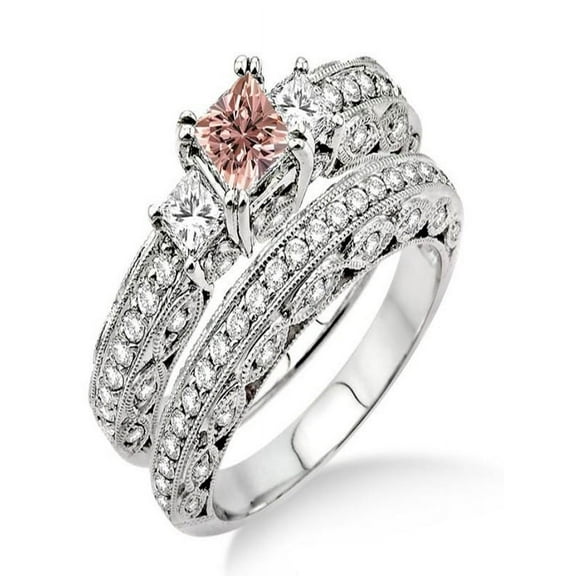 2 Carat Morganite And Diamond Moissanite Antique Milgrain Trilogy Bridal Set On 10K White Gold, Promise Ring, Anniversary Gift