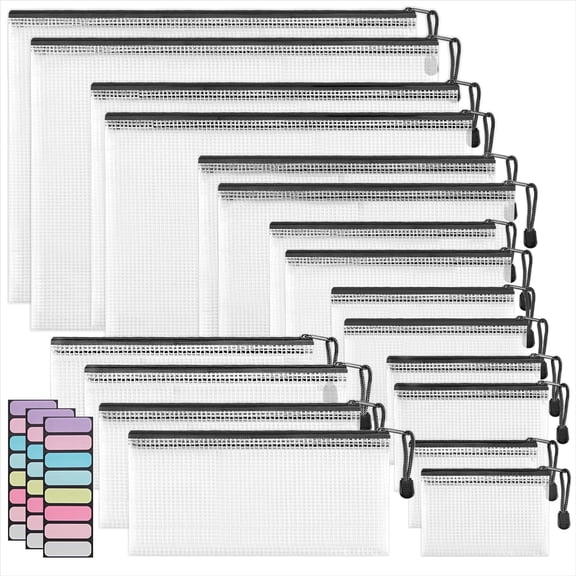 Anvora 18 Pack 8 Sizes Mesh Pouch, Waterproof Zipper File Bags Document Multipurpose Travel Bags for Office, School, Board Game, Puzzles, Cosmetics, Travel Accessories, and Home Organize, Black