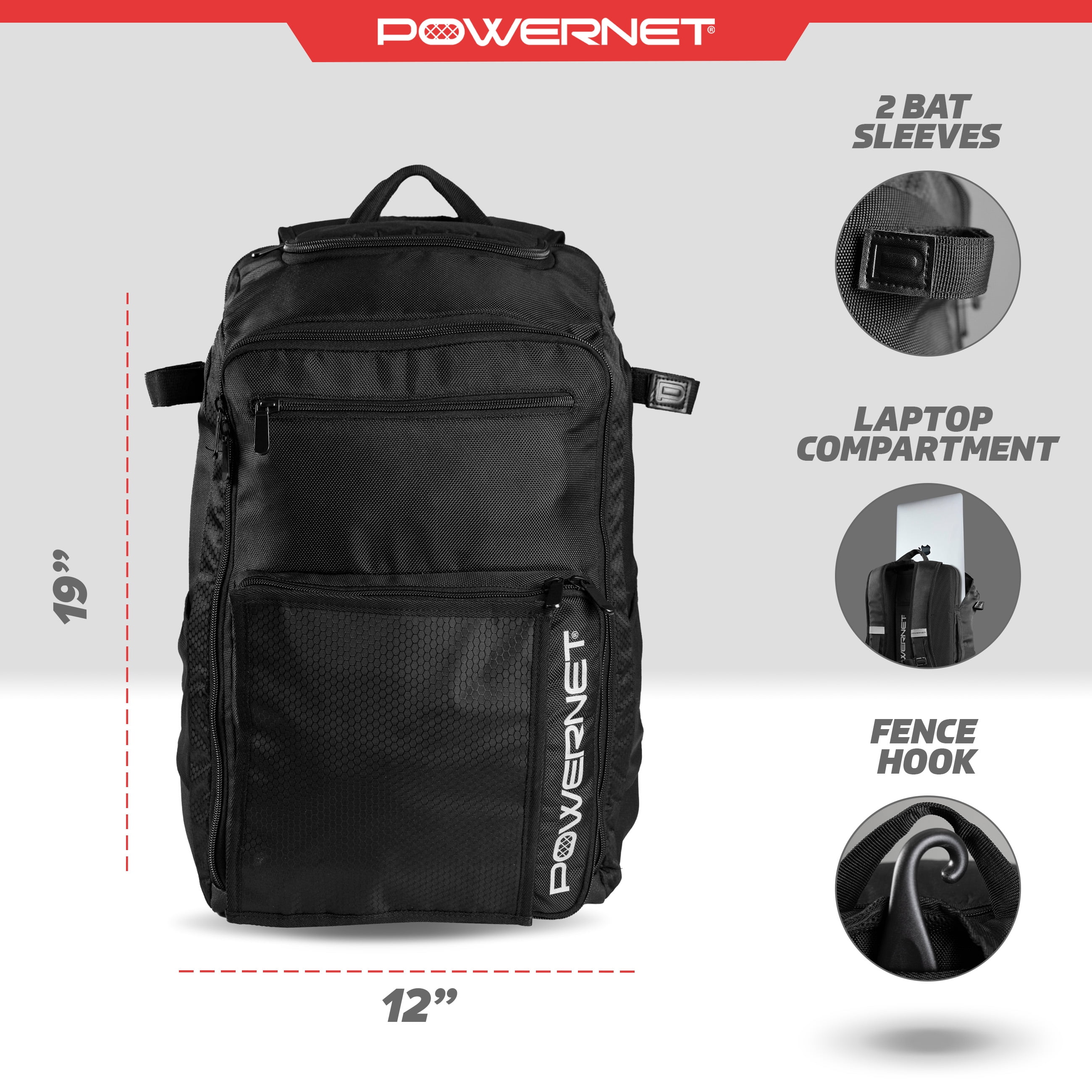 PowerNet Coach's Baseball Backpack, Softball & Baseball Bag for Coaching Gear with Laptop Sleeve and Zippered Pockets, Coach Bat Bag with Chain-Link Fence Hook and Luggage Strap