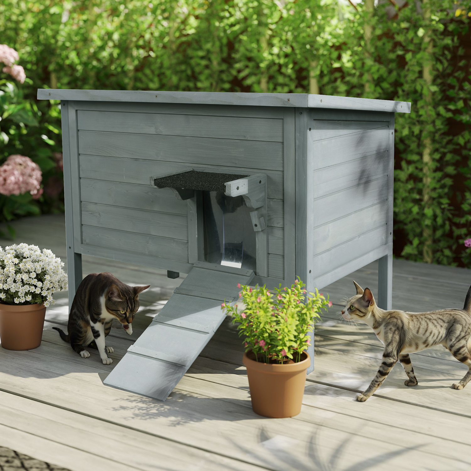 Hidpriva Insulated Wooden Outdoor Cat House, Weather-Resistant Feral Cat Shelter for Winter w/ Foldable Ladder & Visible Window, Gray