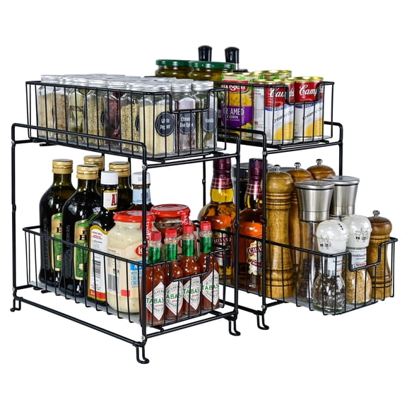 2-Tier Under Sink Organizers and Storage, 2 Pack Pull-Out Cabinet Organizer, Stackable Sliding Drawer Shelf for Kitchen,Bathroom, Black