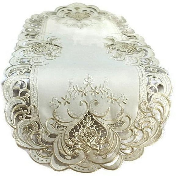 Doily Boutique Table Runner with Ivory Lace Insets on Ivory Fabric, Size 34 x 15 inches