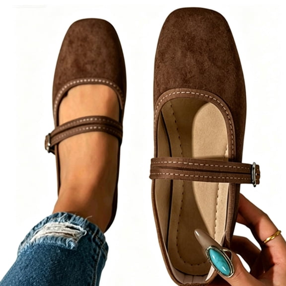 DIVVce Contrast Stitch Mary Jane Buckle Flats For Women Square Toe Slip On Comfort Office Casual Footwear