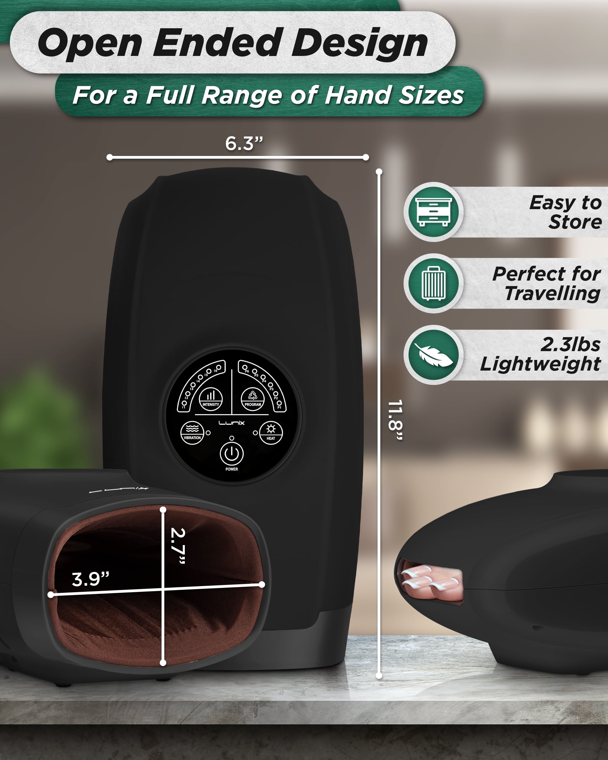Lunix LX3 Electric Hand Massager with Heat and Compression, Cordless, for Arthritis and Carpal Tunnel Relief, Black