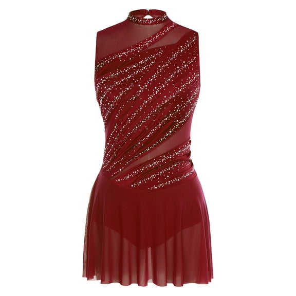 inlzdz  Women Flowy Tulle Skirted Leotard Contemporary Lyrical Dance Dress Ballet Dancewear Burgundy M