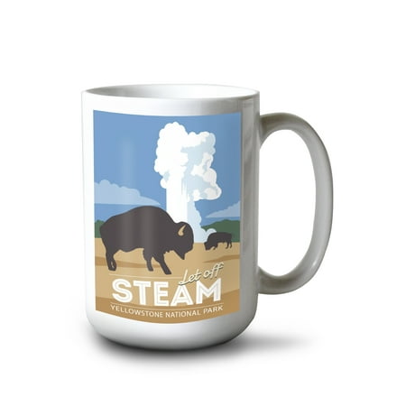 

15 fl oz Ceramic Mug Yellowstone National Park Bison on Plain with Geyser Let off Steam Dishwasher & Microwave Safe