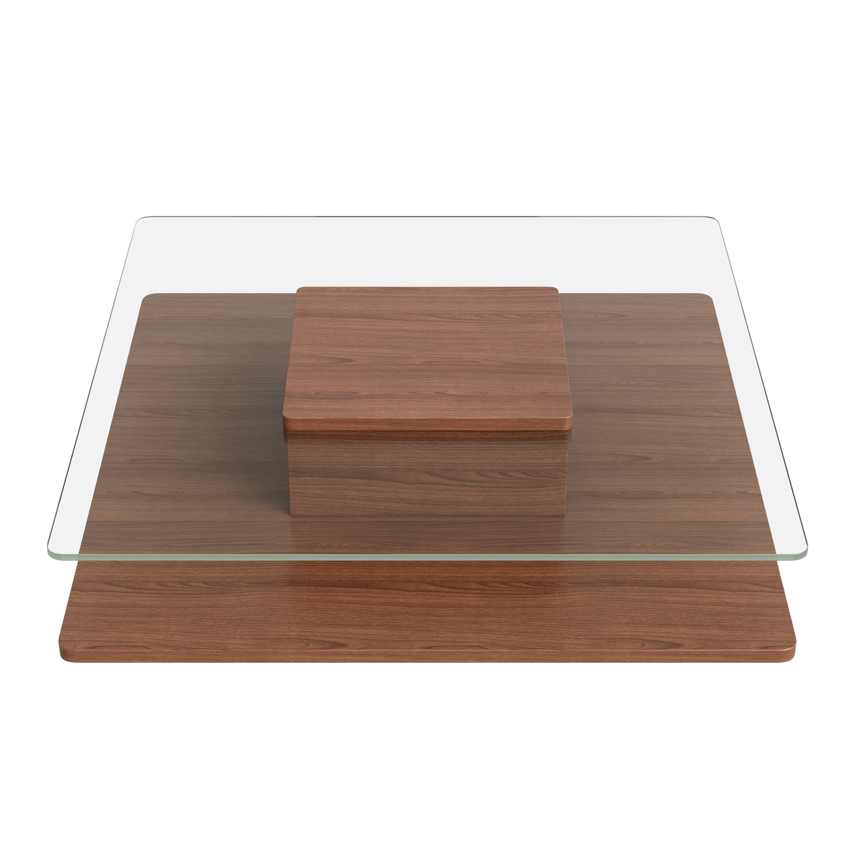 The Square Coffee Table with Clear Tempered Glass Top and Storage Shelf, Walnut Finish, 31.5"