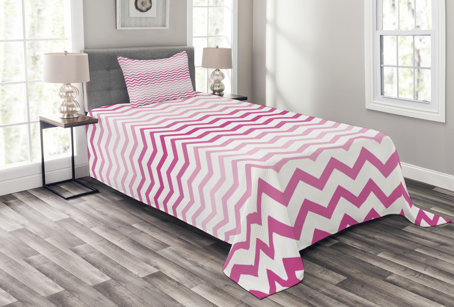 Pale Pink Bedspread Set Twin Size, Chevron Zigzag Pattern with Twisted