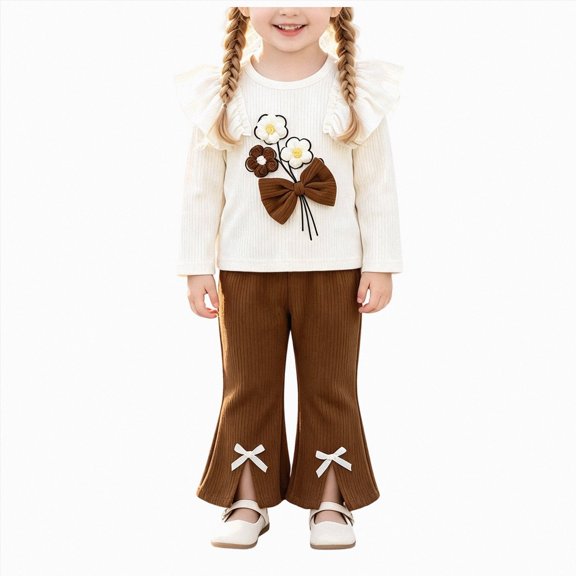 xaweyi Toddler Girls 2 Piece Outfit Ruffle Long Sleeve Top Flare Pants Set Kids Fall Clothes with 3D Floral Bow Decoration Size 3-6 Months
