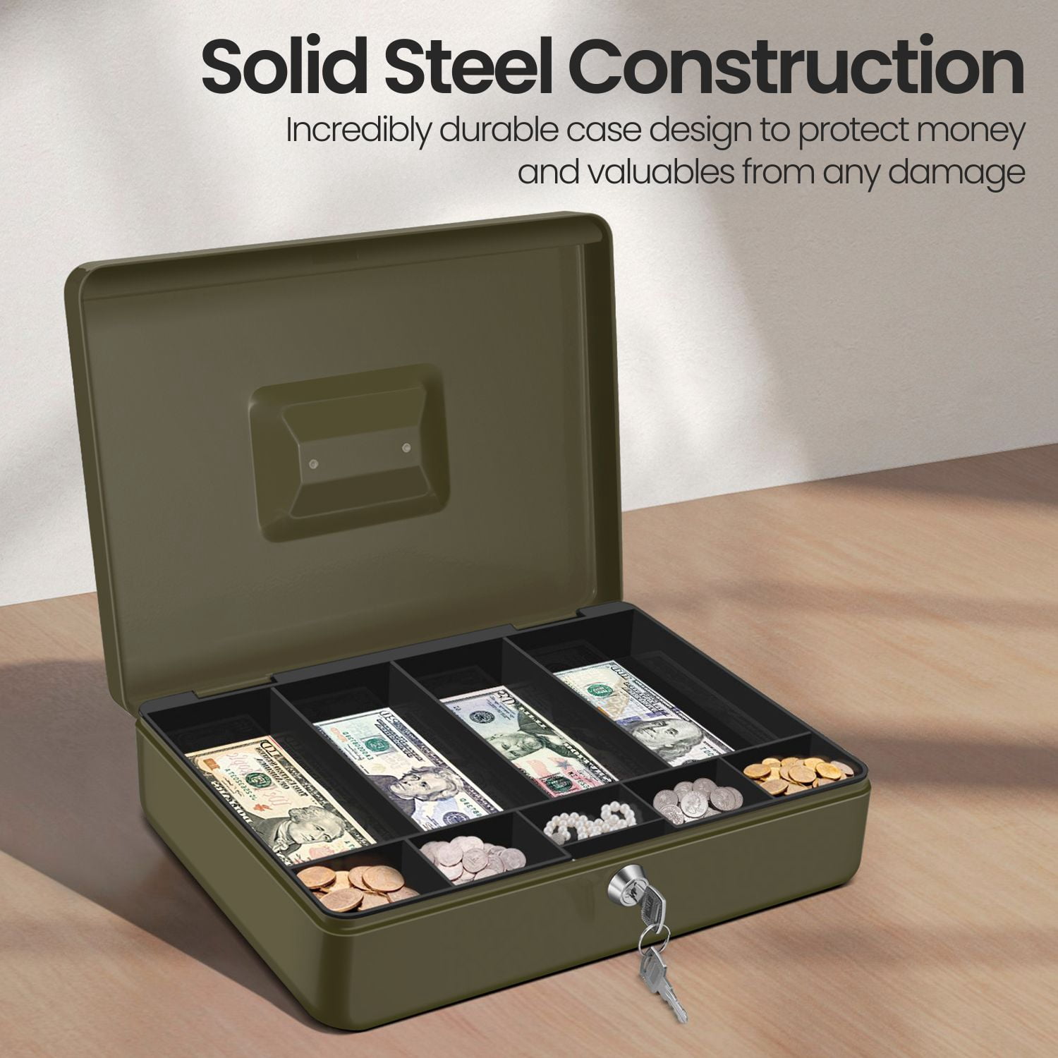 Cash Box with Money Tray and Lock - Metal Cash Box for Small Businesses, 9-Compartment Green Money Box with Lock and Key for Petty Cash, Checks, Coins, Portable Money Box for Cash Storage