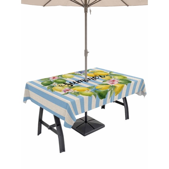 Outdoor Tablecloth with Umbrella Hole for Patio/Picnic/Party/Camping, Lemons Striped Waterproof Table Cloth Rectangle Table Cover Washable, Summer Botanical Stripes Farmhouse Rustic (54"x 80")