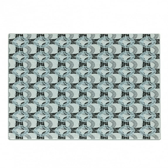 Abstract Cutting Board, Grunge Sketchy Circle Shapes Ornamental Vintage Geometric Forms Print, Decorative Tempered Glass Cutting and Serving Board, Small Size, Pale Blue Black Grey, by Ambesonne