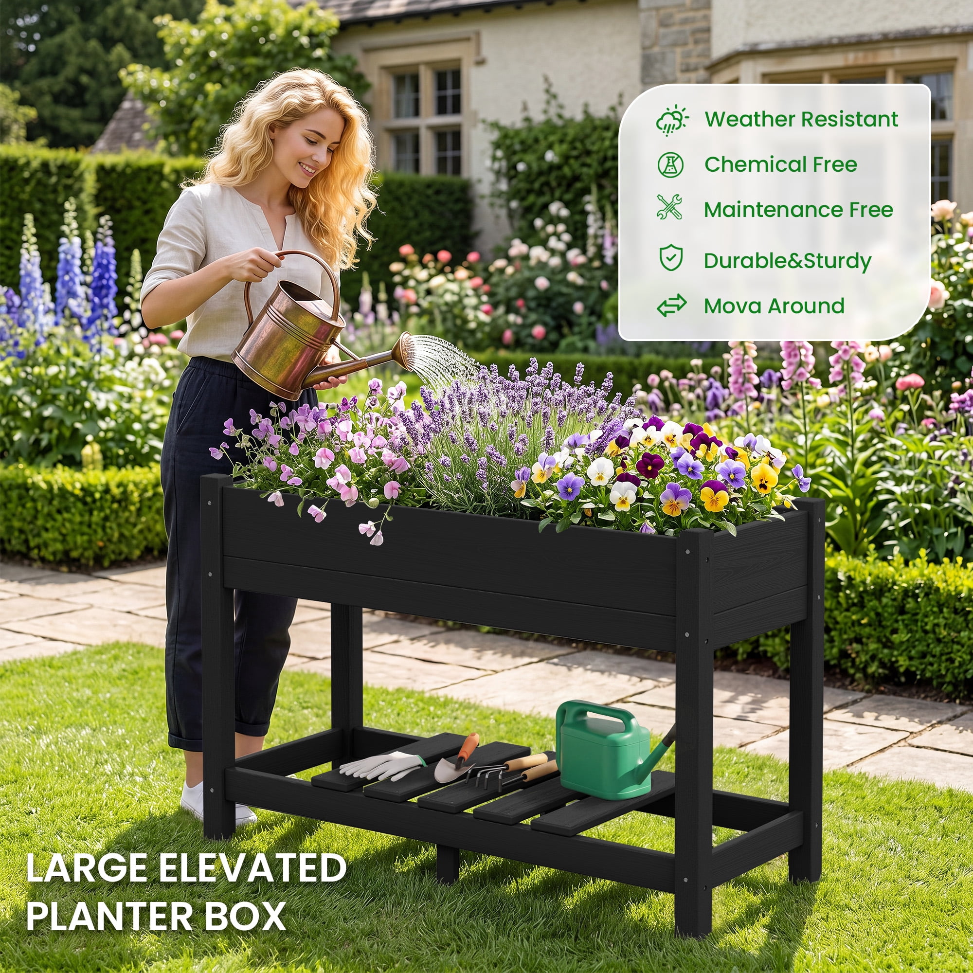 SERWALL HDPE Raised Garden Bed with Legs, 43"x16"x30" Elevated Planter Box, Outdoor Planter for Vegetables Flowers, 2-Piece, Black