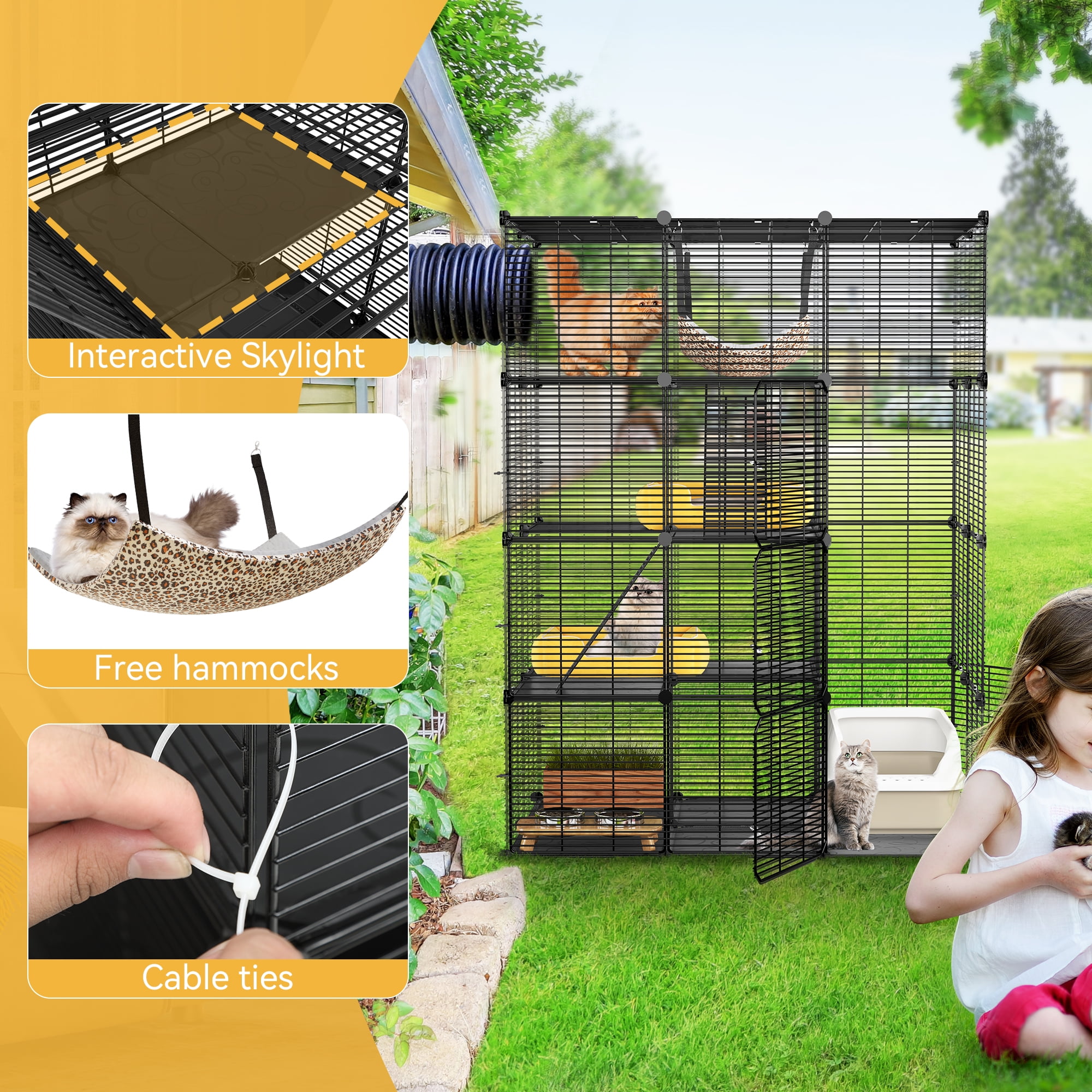 Dextrus Cat Cage Indoor Large with Hammock 4 Tier Outdoor Cat Enclosure Catio Metal Kennels for 1-3 Cats, DIY Detachable Pet Playpen, Black