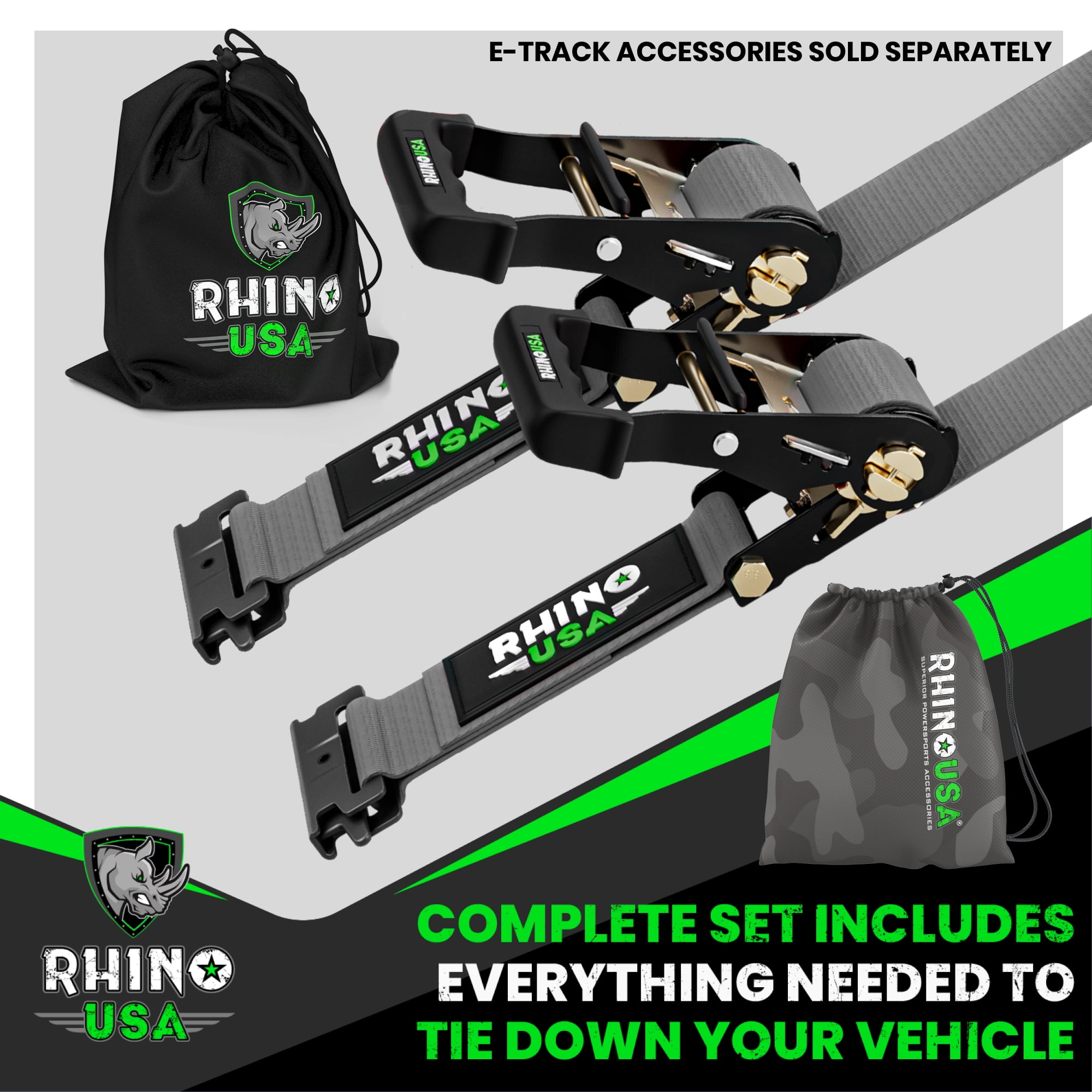 Rhino USA E Track Ratchet Tie Down Straps (4,500lb Break Strength) - Includes (2) Premium 2" x 16' eTrack Tie Downs - Ultimate Heavy Duty eTrack Cargo Strap System for Trailer, Truck, Motorcycle