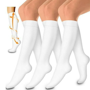 TELOLY 3 Pairs Compression Socks for Men & Women,Knee-High Sport Support Anti-Slip Socks,Breathable for Running & Soccer,White