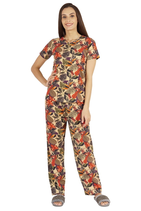 2 Pcs Printed Short Sleeves Nightwear Set For Womens Top And Pajama Sleepwear Cotton PJ Sets