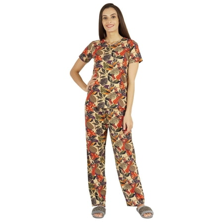 

Inkmeso 2 Pcs Printed Short Sleeves Nightwear Set For Womens Top And Pajama Sleepwear Cotton PJ Sets