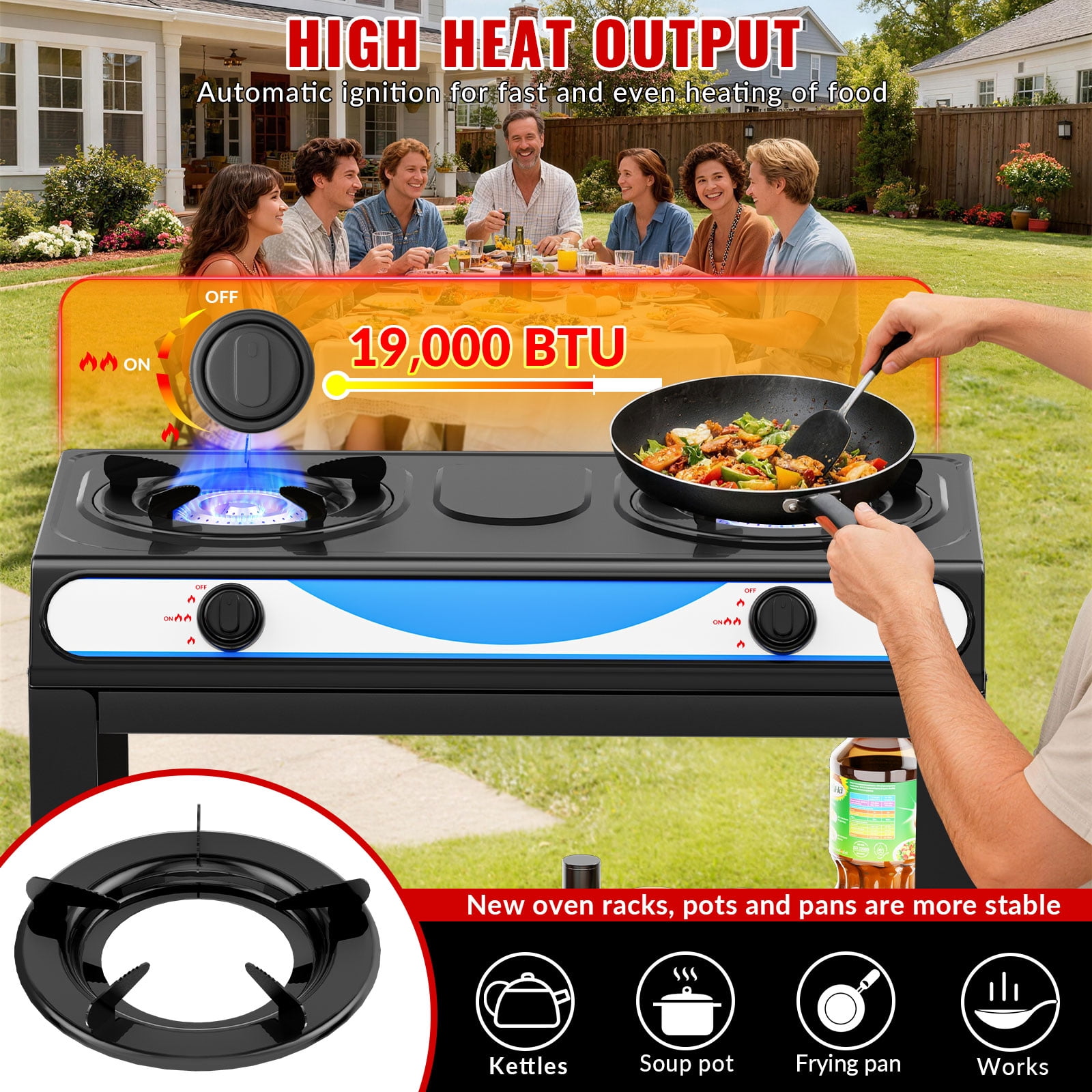 Propane Gas Stove, 2-Burner, Auto Ignition, Portable, Stainless Steel, 19000 BTU/hr, Perfect for Outdoor Kitchens