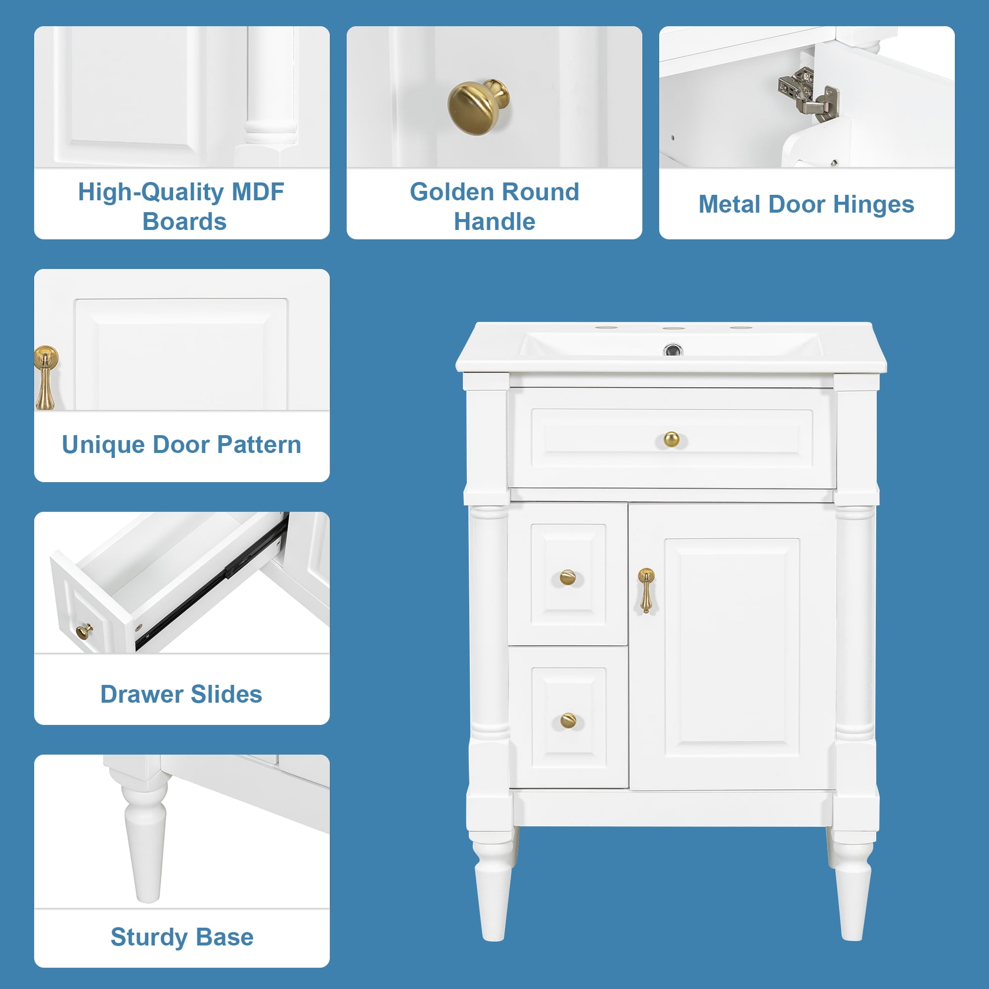 Alvantor 24" Bathroom Vanity with Ceramic Sink, Freestanding Storage Cabinet with Flip Drawers White