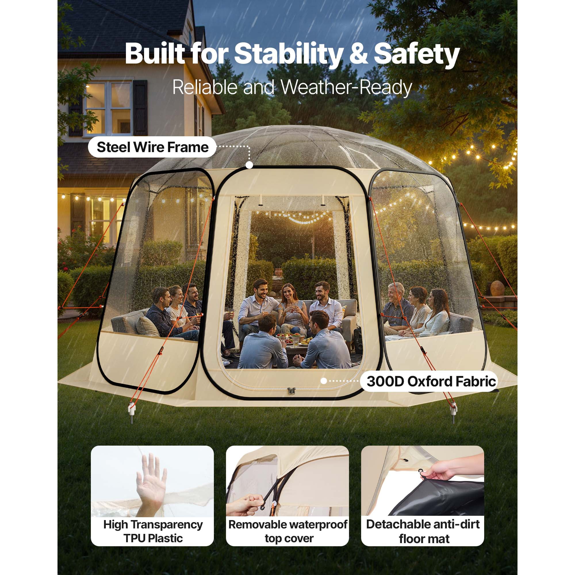 KFFKFF Pop-Up Clear Bubble Tent, 12 x 11.1 ft Waterproof & UV-Resistant Outdoor Dome, Transparent Camping Shelter with Windows, 540° Panoramic View, Fits 10-12 People for Patio or Backyard Use