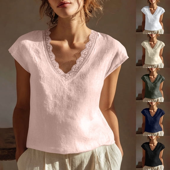 Avtoify Women's Short Sleeve Summer Lace Sleeve Blouses for Women Dressy Casual Round Neck
