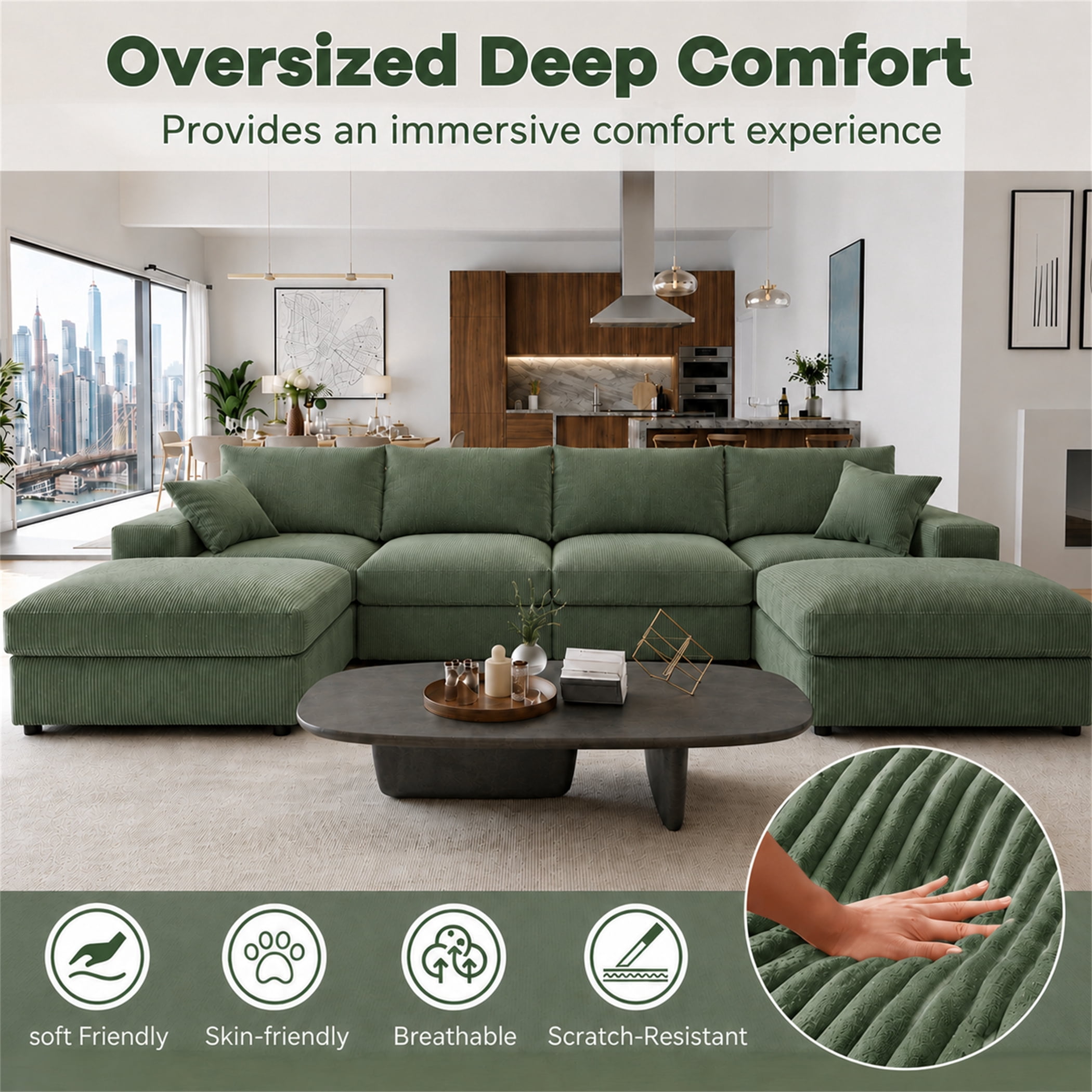 Aukfa 135" Oversized U shape Sectional Couch Modular Sofa for Living Room, 2 Ottoman&Pillows, 25" Deep Seat, Corduroy, Dark Green