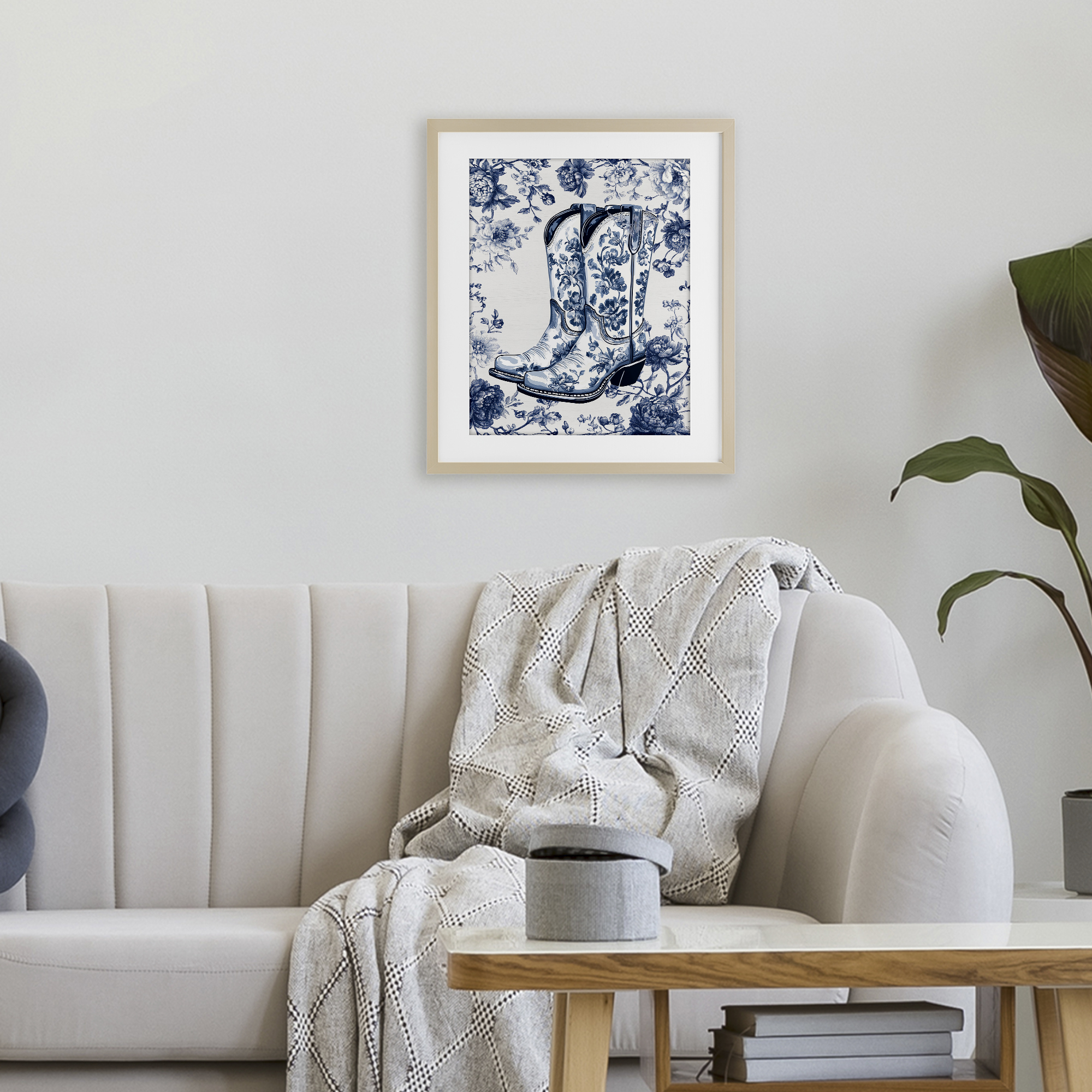 Blue Spring Florals & Boots Birch Framed Print Under Glass, design by Lettered and Lined