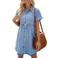 thumbnail image 6 of Women s Babydoll Tiered Short Sleeve Denim Dress Button Down Tunic Dress, 6 of 6