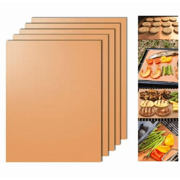 Copper Grill Mat Set of 5, Non-Stick Reusable BBQ & Baking Mats, Easy Clean Heat-Resistant, Compatible with Gas Charcoal Electric Grills & Cooktops, 15.75x13 Inch