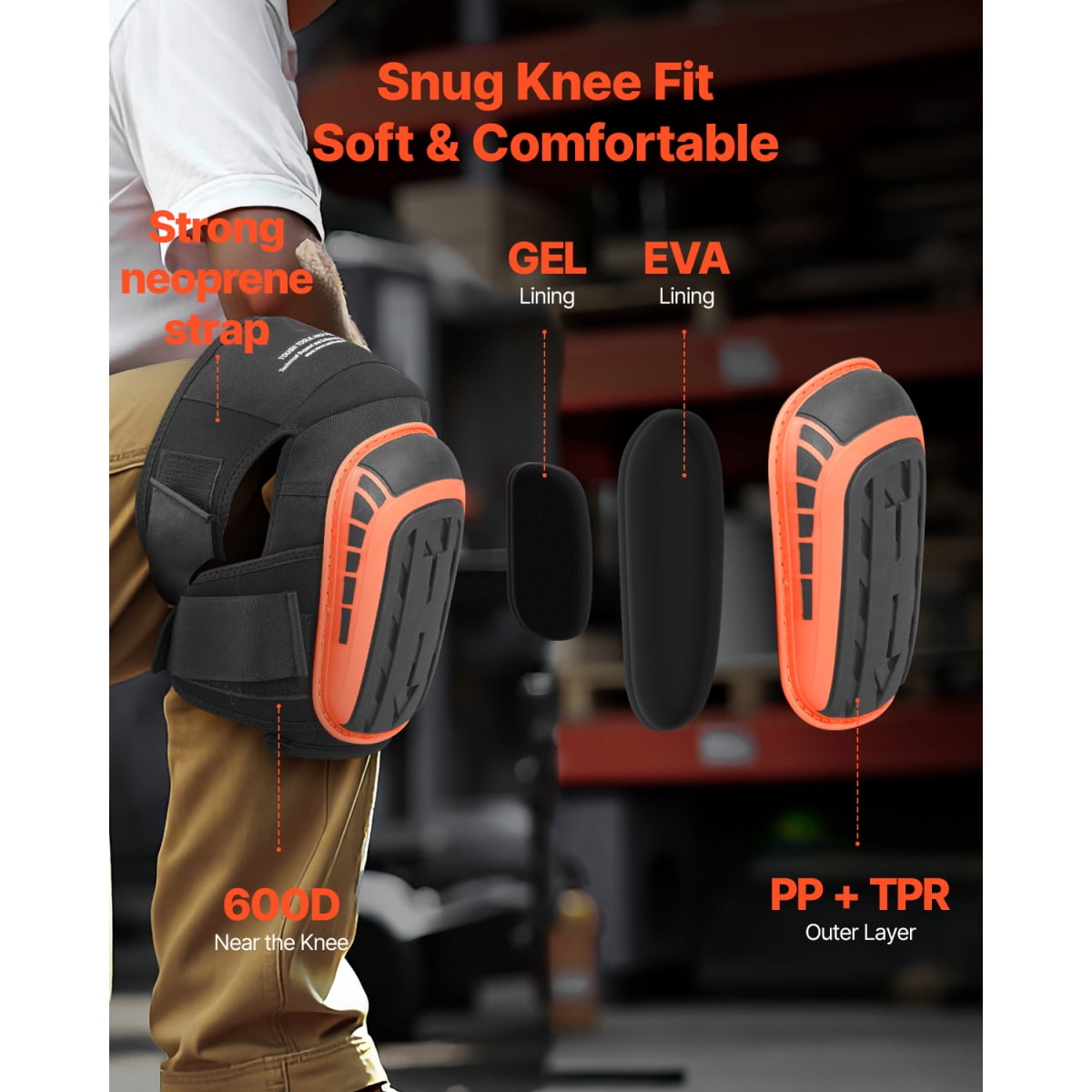 FENGFAN Heavy Duty Work Knee Pads Gel Foam Anti-Slip with Extension Straps Black Orange 1 Pair