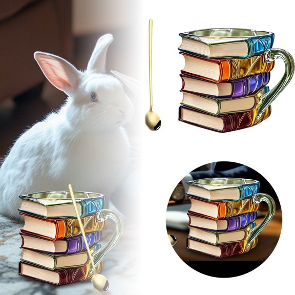 3D Painted Book Mug Glass: Novelty Coffee Stain Stained Handmade For Hot Or Cold Brews Colored Stack Looking Shaped Cup Lover Gifts Women Unique Cool (1PCS With Spoon)