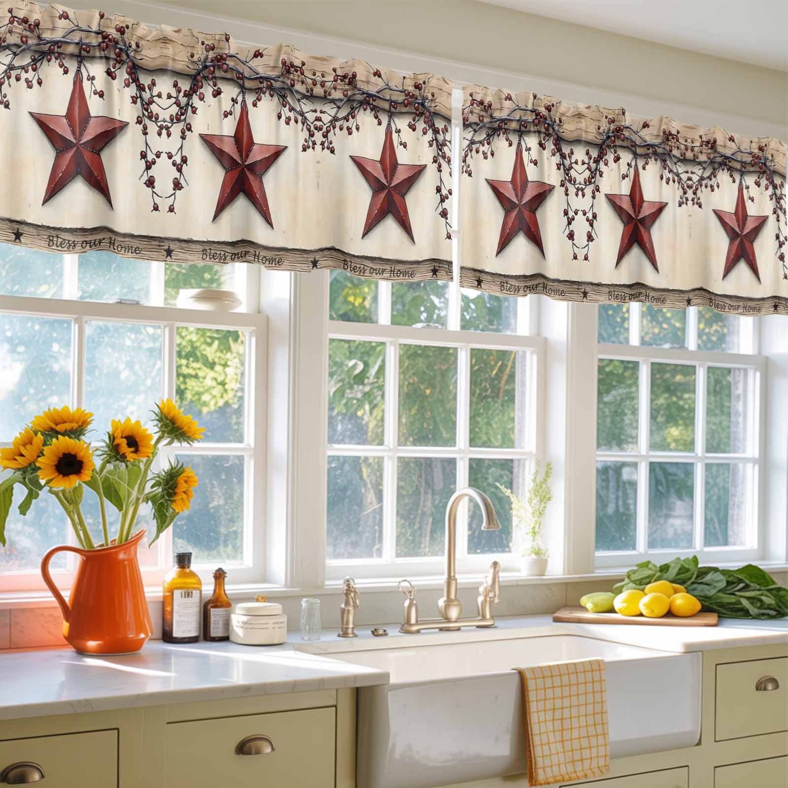 2 Pack Farmhouse American Valance for Window Country Star Berries Vintage Wood Grain Kitchen Valance Rod Pocket Short Curtain Topper Decorative Window Treatment for Living Room Bedroom 60"x18"